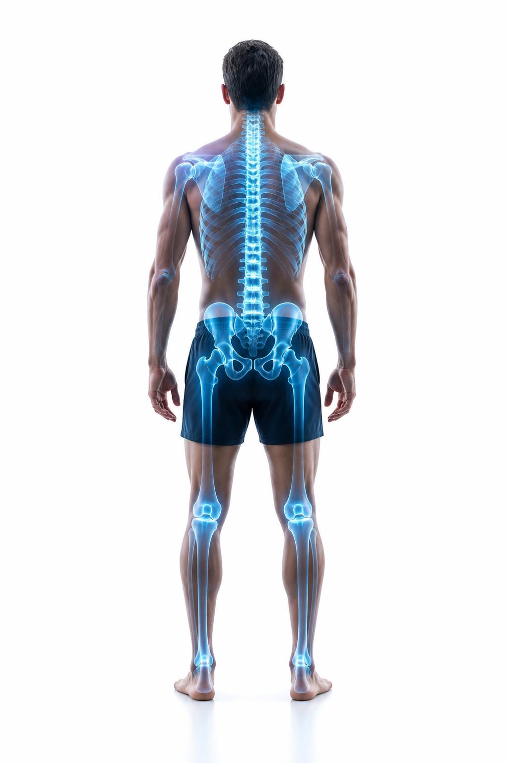 Rear view of a human body highlighting the neck, shoulders, lower back, knees and ankles