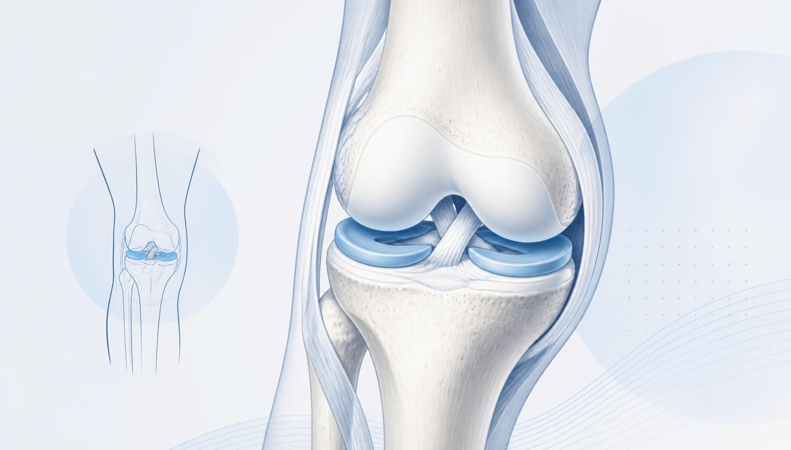 Illustration of the knee joint showing the femur, tibia and the two crescent-shaped menisci that cushion the joint